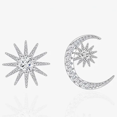 925 Sterling Silver Sun And Moon Asymmetric Stud Earrings With Zirconia Inlaid Electroplated Fashion Jewelry For Women