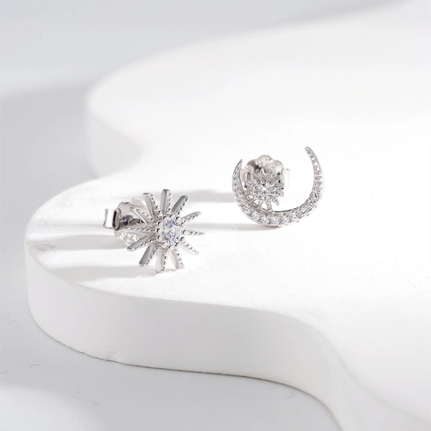 925 Sterling Silver Sun And Moon Asymmetric Stud Earrings With Zirconia Inlaid Electroplated Fashion Jewelry For Women
