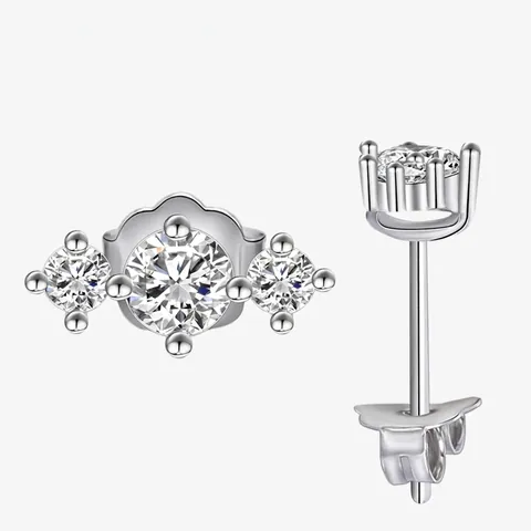 Orecchini a Bottone in Argento Sterling 925 con Tre Pietre in Zirconia per Donna Minimalista Geometrico Tondo Gioielli di Moda