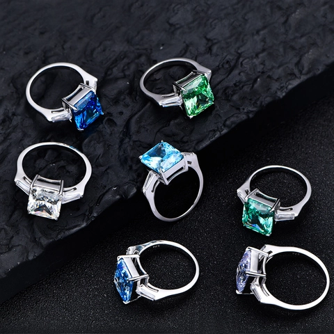925 Sterling Silver Three Stone Ring For Women Radiant Cut High Carbon Rhinestone Engagement Wedding Band Fashion Jewelry