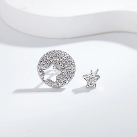 Asymmetric S925 Sterling Silver Star Stud Earrings For Women Sparkling Zirconia Inlaid Celestial Fashion Jewelry Gift