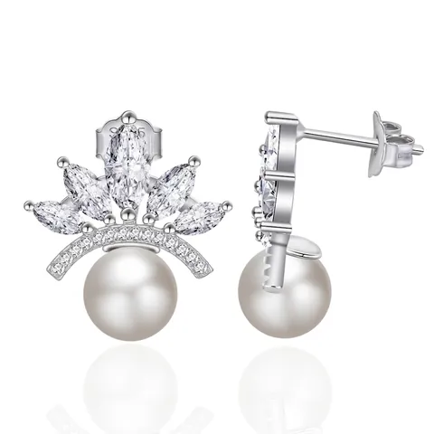 Eleganti Orecchini a Bottone con Perla a Corona in Argento Sterling 925 per Donna Zirconia Intarsiata Gioielli di Moda