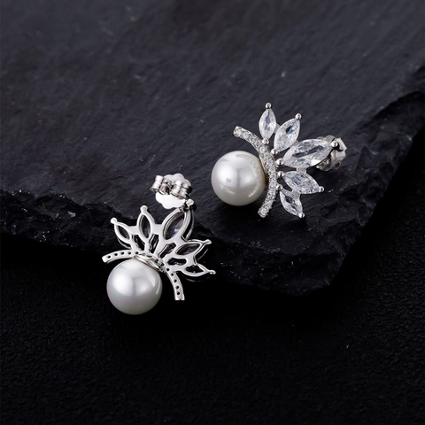 Eleganti Orecchini a Bottone con Perla a Corona in Argento Sterling 925 per Donna Zirconia Intarsiata Gioielli di Moda