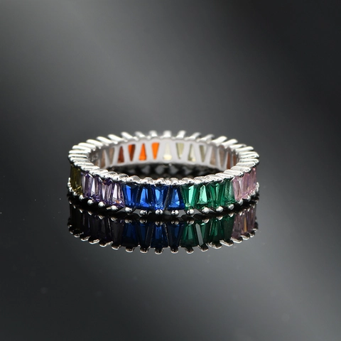 925 Sterling Zilveren Regenboog Eternity Ring Baguette Slijpvorm Veelkleurige Zirconia Trouwring Geometrische Ring Voor Dames