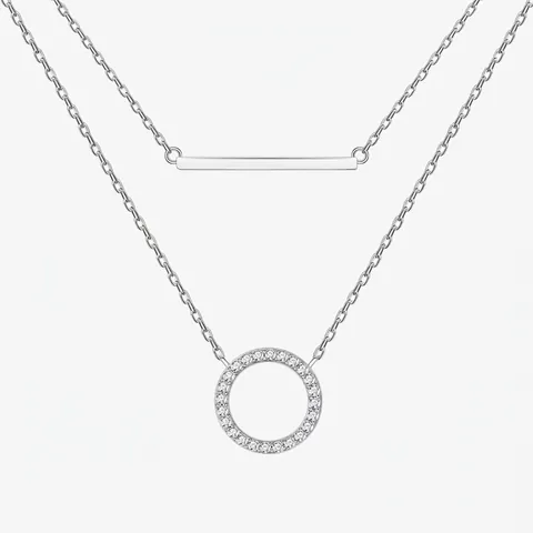 Collier Double Couche en Argent Sterling 925 Minimaliste Cercle Géométrique Barre Horizontale Chaîne en Strass Bijoux Mode Femme