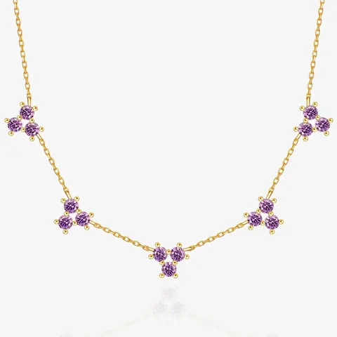Collier Fleur De Zirconium Violet Plaqué Or 18K Argent Sterling 925 Chaîne Délicate Bijoux Élégants Pour Femmes