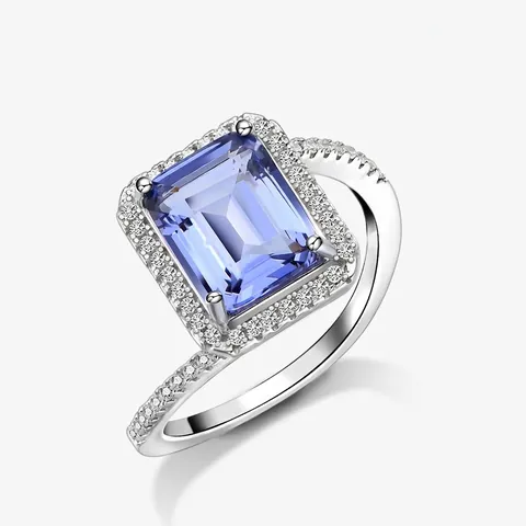 925 Sterling Zilver Smaragdslijpsel Rechthoekige Edelsteen Halo Ring Voor Vrouwen Mode Strass Ingelegde Open Verstelbare Sieraden Cadeau