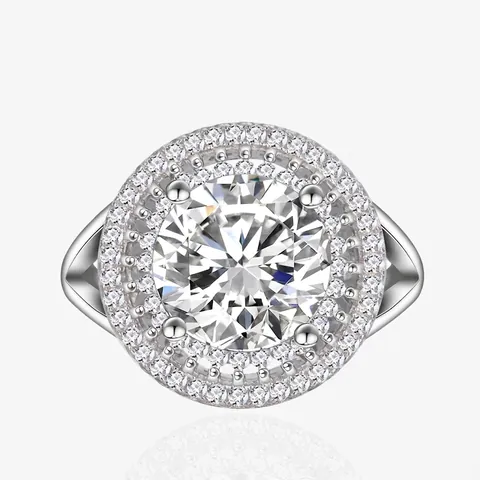 S925 Sterling Silver Round Cut Double Halo Ring For Women Sparkling White Rhinestone Elegant Engagement Wedding Band Jewelry