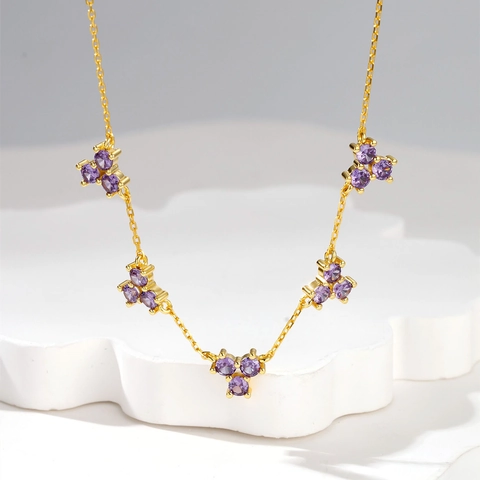 Collier Fleur De Zirconium Violet Plaqué Or 18K Argent Sterling 925 Chaîne Délicate Bijoux Élégants Pour Femmes