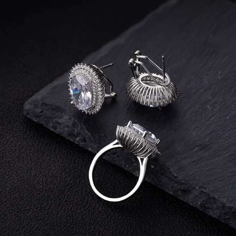 Oval Stud Earrings With 925 Sterling Silver Earring Post High Carbon Diamond Double Halo Elegant Luxury For Women