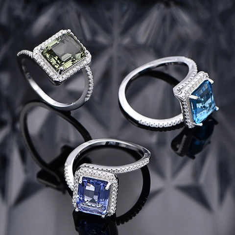 925 Sterling Zilver Smaragdslijpsel Rechthoekige Edelsteen Halo Ring Voor Vrouwen Mode Strass Ingelegde Open Verstelbare Sieraden Cadeau