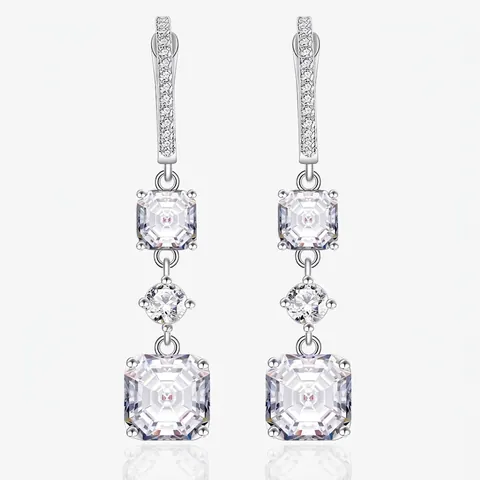 925 Sterling Silver Asscher Cut Rhinestone Dangle Earrings Elegant Square Sugar Tower Long Drop Earrings Wedding Jewelry