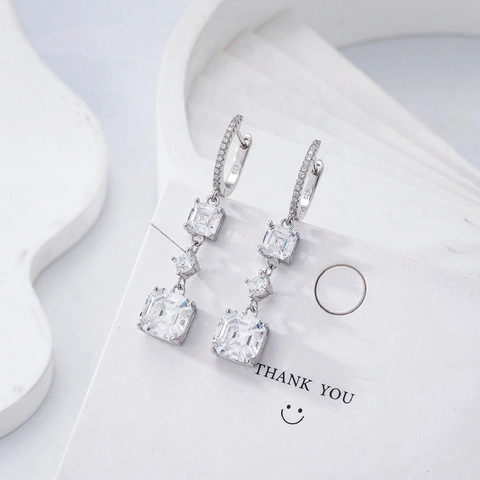 925 Sterling Silver Asscher Cut Rhinestone Dangle Earrings Elegant Square Sugar Tower Long Drop Earrings Wedding Jewelry