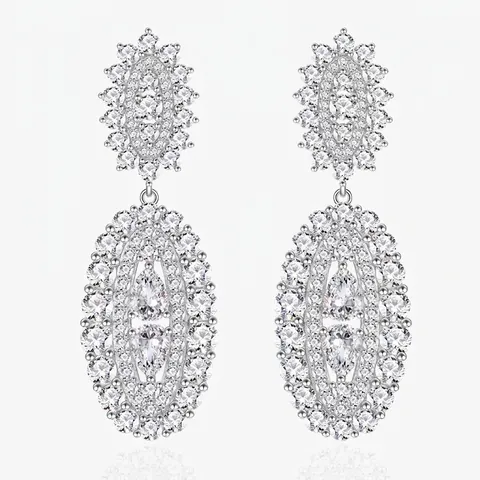 Orecchini Pendenti di Lusso in Argento Sterling S925 Ovali a Goccia con Zirconia Pavé Gioielli da Matrimonio Festa Donna