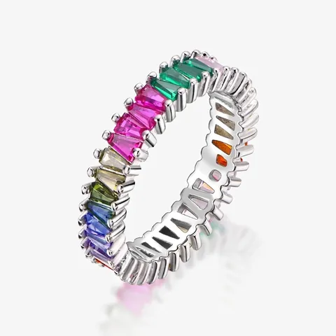 925 Sterling Zilveren Regenboog Eternity Ring Baguette Slijpvorm Veelkleurige Zirconia Trouwring Geometrische Ring Voor Dames