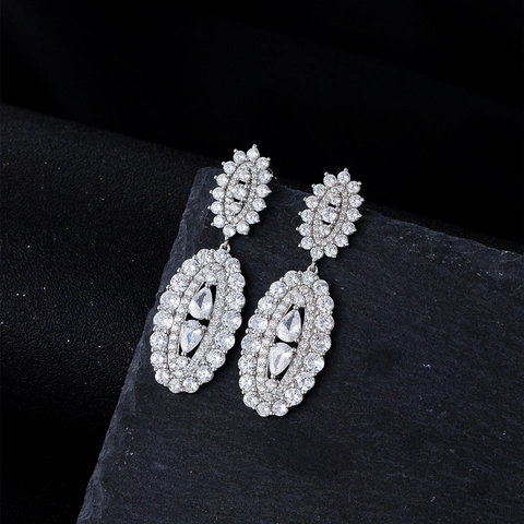 Orecchini Pendenti di Lusso in Argento Sterling S925 Ovali a Goccia con Zirconia Pavé Gioielli da Matrimonio Festa Donna