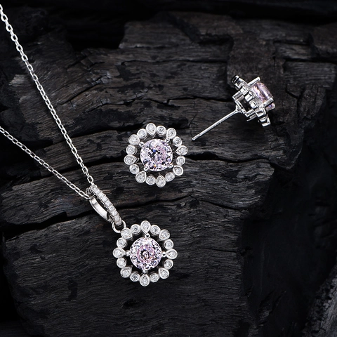 S925 Sterling Silver Jewelry Set Sunflower Halo Pendant Necklace Stud Earrings Inlaid Yellow Pink White Rhinestone For Women