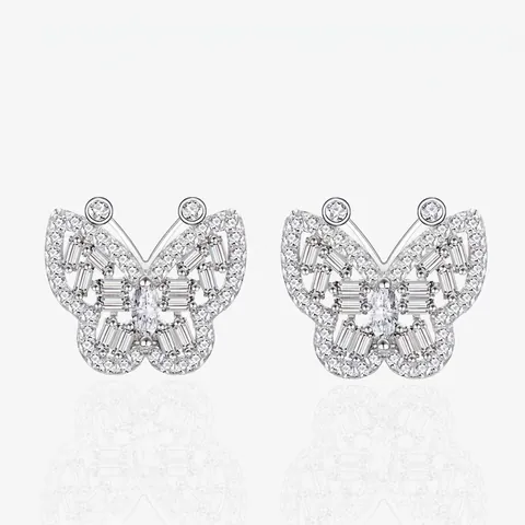 Luxury 925 Sterling Silver Butterfly Stud Earrings With Micro Inlaid Zirconia Shiny Animal Earrings For Women Wedding Jewelry Gift
