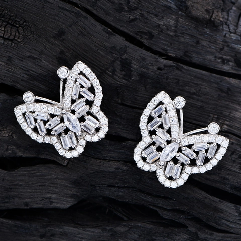 Luxury 925 Sterling Silver Butterfly Stud Earrings With Micro Inlaid Zirconia Shiny Animal Earrings For Women Wedding Jewelry Gift
