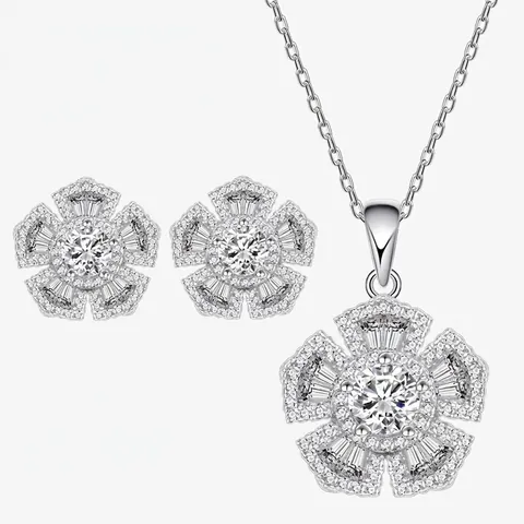 925 Sterling Silver Floral Jewelry Set Shiny Rhinestone Micro Pave Flower Earrings Necklace For Women Elegant Wedding Jewelry