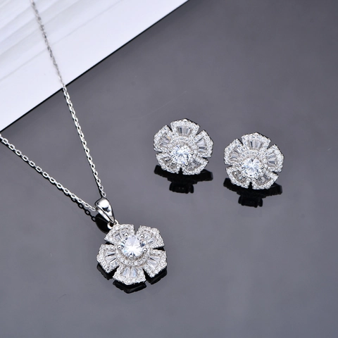 925 Sterling Silver Floral Jewelry Set Shiny Rhinestone Micro Pave Flower Earrings Necklace For Women Elegant Wedding Jewelry