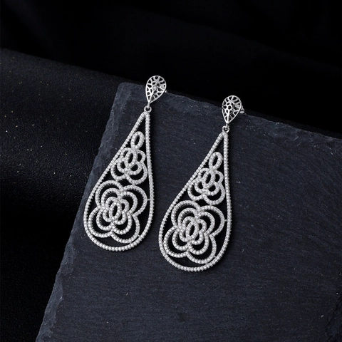 Luxurious S925 Sterling Silver Waterdrop Drop Earrings For Women Elegant Hollow Floral Pattern Zirconia Inlaid Banquet Jewelry