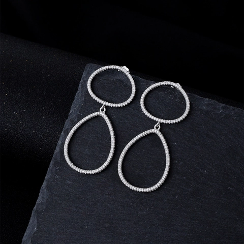 925 Sterling Silver Geometric Double Ring Drop Earrings For Women Minimalist Inlaid Rhinestone Waterdrop Hoop Earrings