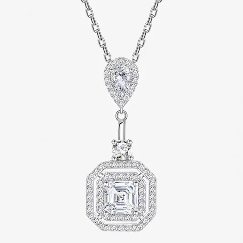 925 Sterling Silver Square Cut Rhinestone Halo Pendant Necklace For Women Elegant Luxury Pagoda Clavicle Chain Jewelry