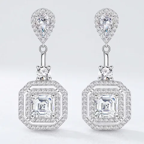 925 Sterling Silver Zirconia Stud Earrings Elegant Emerald Cut Square Halo Drop Earrings For Women Wedding Jewelry Gift