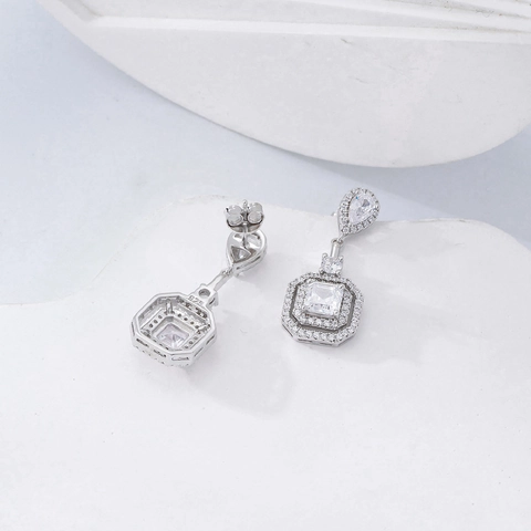 925 Sterling Silver Zirconia Stud Earrings Elegant Emerald Cut Square Halo Drop Earrings For Women Wedding Jewelry Gift
