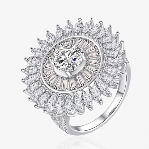 Bague Fleur de Soleil en Argent Sterling 925 de Luxe pour Femme Large Anneau Strass Incrusté Bague de Déclaration Tournesol Bijoux