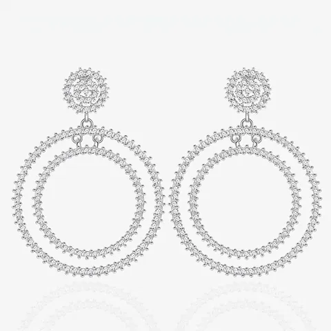 S925 Sterling Zilver Dubbele Ring Oorknopjes Voor Vrouwen Micro Pave Strass Overdreven Geometrische Cirkel Hanger Oorbellen Sieraden
