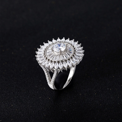 Bague Fleur de Soleil en Argent Sterling 925 de Luxe pour Femme Large Anneau Strass Incrusté Bague de Déclaration Tournesol Bijoux