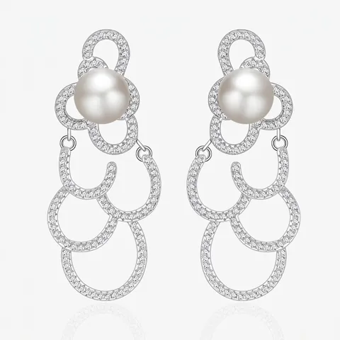 925 Sterling Silver Artificial Pearl Dangle Earrings For Women Elegant Long Drop Zirconia Inlaid Interlocking Hoops Jewelry