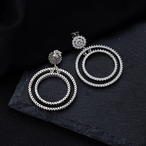 S925 Sterling Zilver Dubbele Ring Oorknopjes Voor Vrouwen Micro Pave Strass Overdreven Geometrische Cirkel Hanger Oorbellen Sieraden