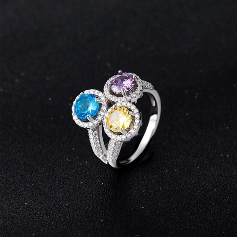 925 Sterling Silver Ring Three Stone Cluster Round Multi Color Zirconia Halo Ring For Women Fashionable Jewelry Finger Ring