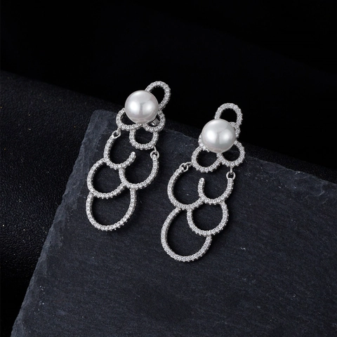 925 Sterling Silver Artificial Pearl Dangle Earrings For Women Elegant Long Drop Zirconia Inlaid Interlocking Hoops Jewelry