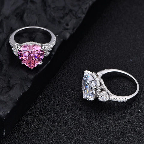 Anello di Fidanzamento in Argento Sterling S925 Con Strass Rosa a Cuore per Donna Gioielli da Sposa Lussuosi in Pietra Al Carbonio