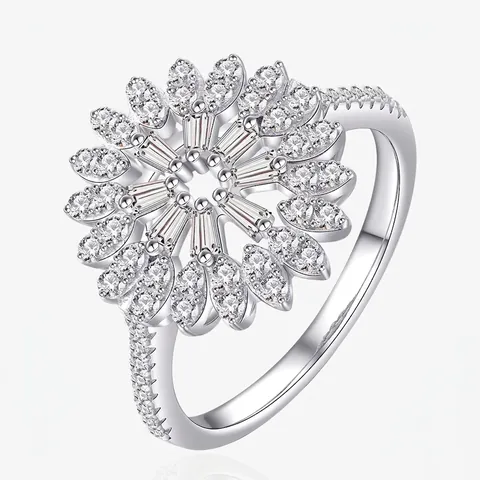 Elegante Anillo de Flor de Plata de Ley 925 para Mujer Brillante Circonia Incrustada Forma de Girasol Joyería de Moda Occidental