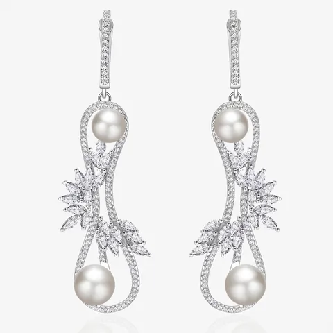 S925 Sterlingsilber Unendlichkeitssymbol Künstliche Perle Hängeohrringe Elegante Strass Eingelegt Lange Ohrringe Damen Schmuck