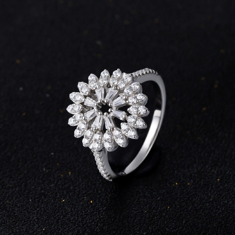 Elegante Anillo de Flor de Plata de Ley 925 para Mujer Brillante Circonia Incrustada Forma de Girasol Joyería de Moda Occidental