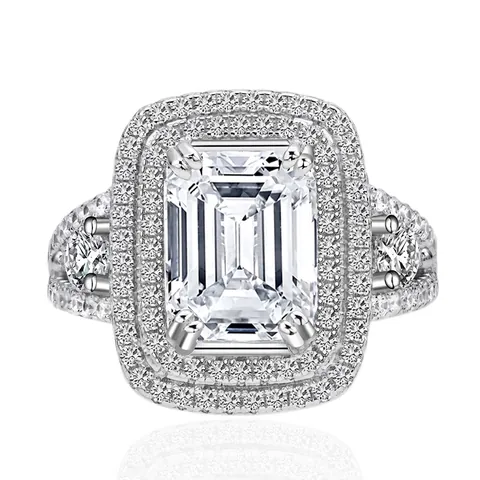 Luxury 925 Sterling Silver Emerald Cut Rhinestone Ring For Women Double Halo Sparkling High Carbon Diamond Look Finger Ring