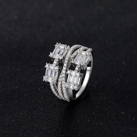 Luxe 925 Sterling Zilveren Meerlaagse Vervlochten Ring Voor Dames Geometrische Rechthoekige Zirconia Ingelegde Mode Sieraden Ring