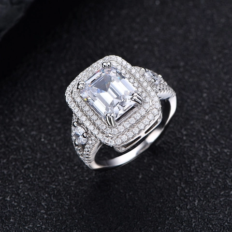 Luxury 925 Sterling Silver Emerald Cut Rhinestone Ring For Women Double Halo Sparkling High Carbon Diamond Look Finger Ring