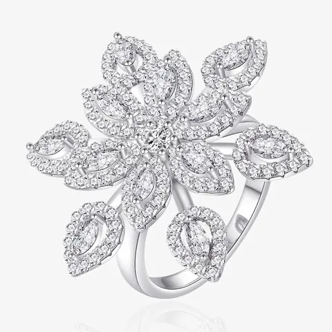 Overdreven 925 Sterling Zilveren Bloem Ring Voor Vrouwen Micro Zetting Witte Zirconia Sneeuwvlok Cocktail Statement Vingerring