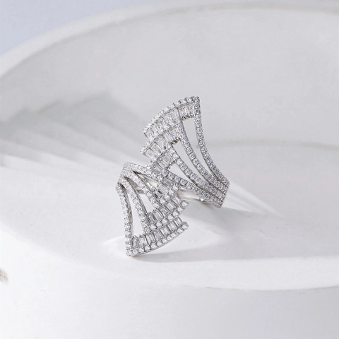 925 Sterling Silver Statement Ring For Women Exaggerated Fan Shaped Fine Zirconia Inlaid Luxury Geometric Finger Ring Jewelry