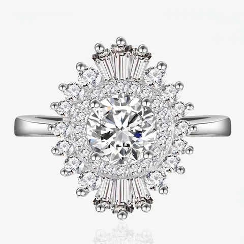 Anillo de Girasol de Lujo de Plata de Ley 925 Circonia Radiante Corte Baguette Alianza de Boda Compromiso Mujer Joyería Elegante