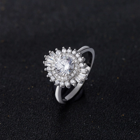 Anillo de Girasol de Lujo de Plata de Ley 925 Circonia Radiante Corte Baguette Alianza de Boda Compromiso Mujer Joyería Elegante