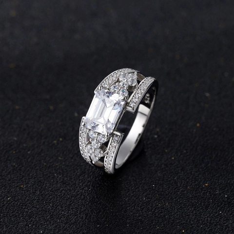 Luxe 925 Sterling Zilveren Smaragdslijpsel Zirkonia Ring Voor Vrouwen Elegante Dubbellaagse Micro Pavé Fonkelende Verlovings Bruiloft Vingerring Sieraden
