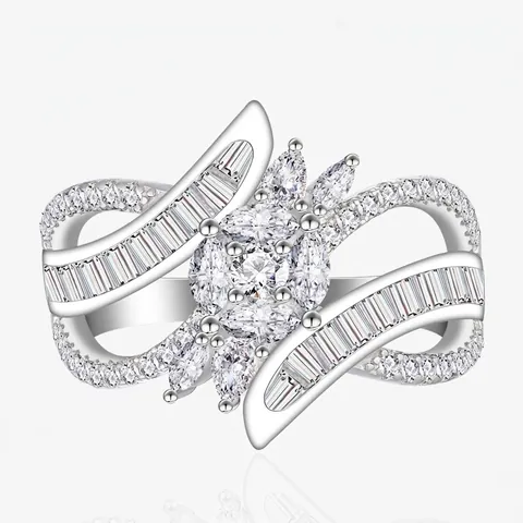925 Sterling Silver Zirconia Ring For Women Exquisite Wave Pattern Marquise Flower Cluster Luxurious Geometric Finger Ring Jewelry